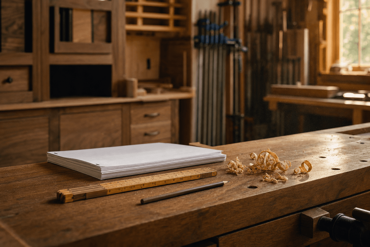 A stapled subcontract resting on a hardwood workbench in a custom millwork shop, with hand tools and wood shavings.
