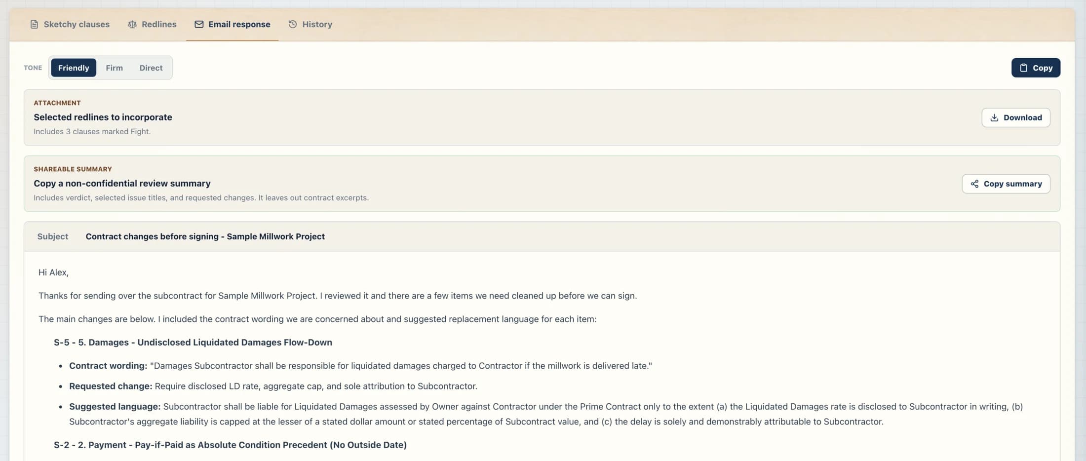 MillworkShield email response screen with a friendly contract-change email and non-confidential summary options.