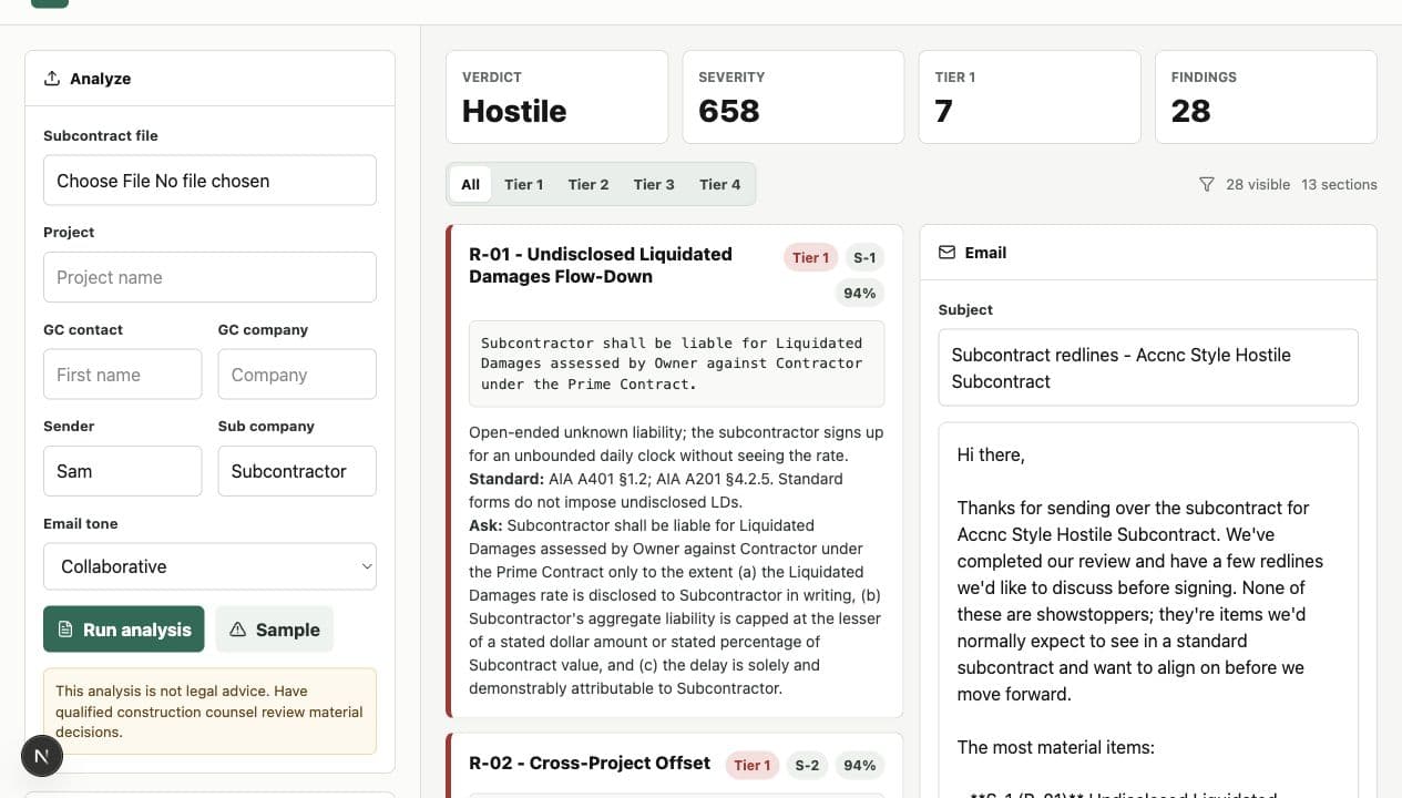 MillworkShield sample contract analysis showing clause risks and redline workflow